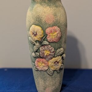 Vintage High-Relief Floral Design Textured Speckled Glazed Pottery Vase.